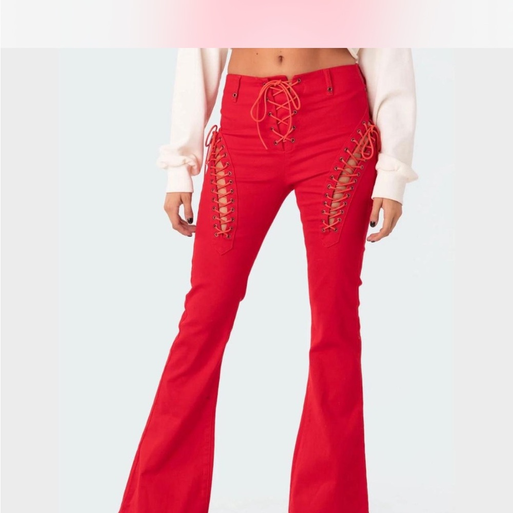 Edikted Red Lace-Up Flare Pants